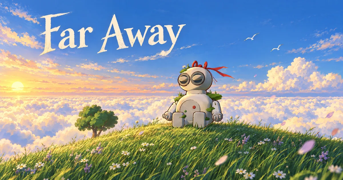 Far Away cover: a little robot on a grassy hill above sunlit clouds